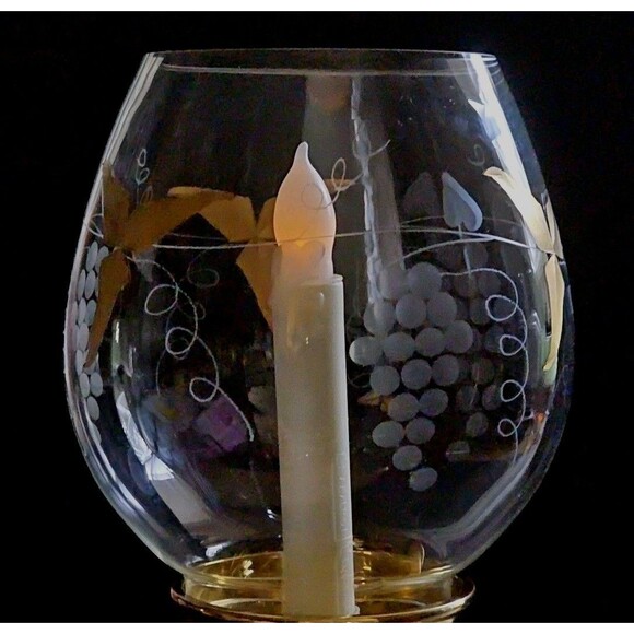Partylite Calypso/Tuscany Gold Leaf Etched Grapes 11" Hurricane Lamp LED Pillar - Picture 4 of 10